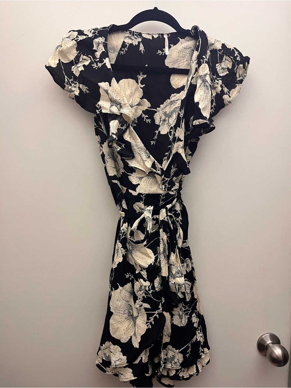 Free People Black & Cream Floral Wrap Dress
